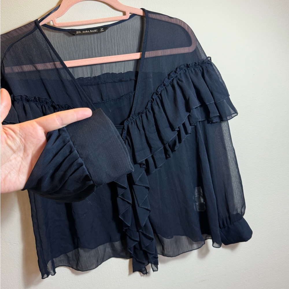 Zara navy blue sheer blouse with frills and ruffles - Picture 7 of 8